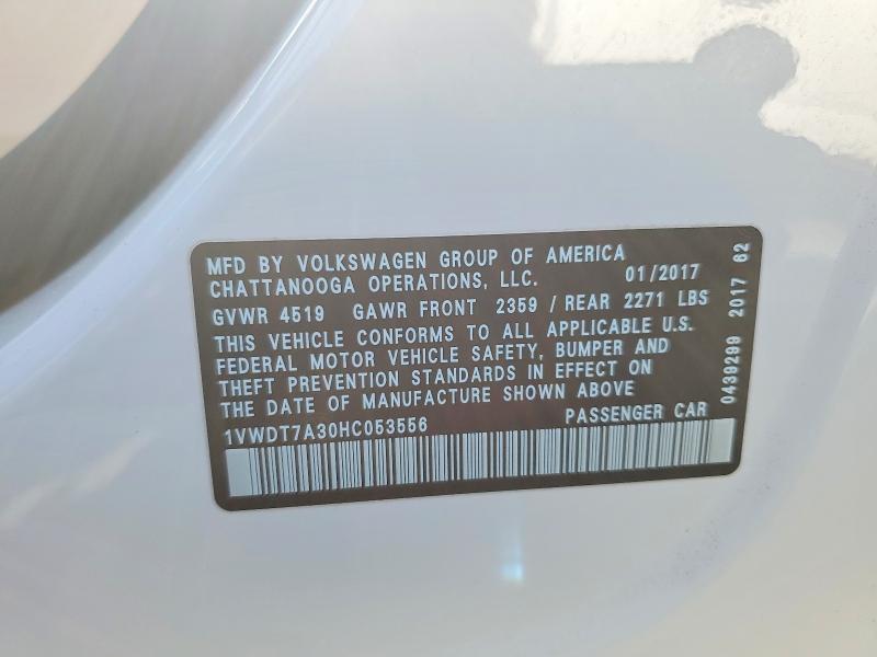 Aukcja sprzedaży 2017 Volkswagen Passat, vin: 1VWDT7A30HC053556, numer aukcji: 53990176