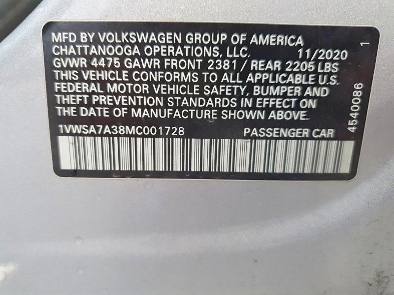 Aukcja sprzedaży 2021 Volkswagen Passat, vin: 1VWSA7A38MC001728, numer aukcji: 53449616
