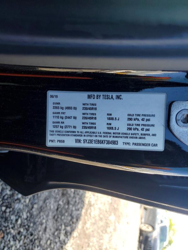 2019 Tesla Model 3 მანქანა იყიდება აუქციონზე, vin: 5YJ3E1EB6KF384983, აუქციონის ნომერი: 52755866