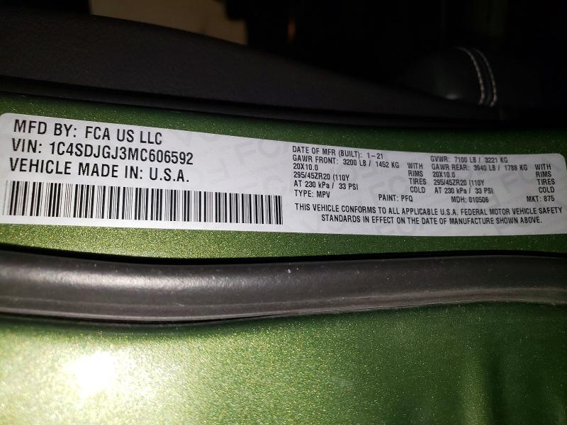 52227026 :رقم المزاد ، 1C4SDJGJ3MC606592 vin ، 2021 Dodge Durango مزاد بيع