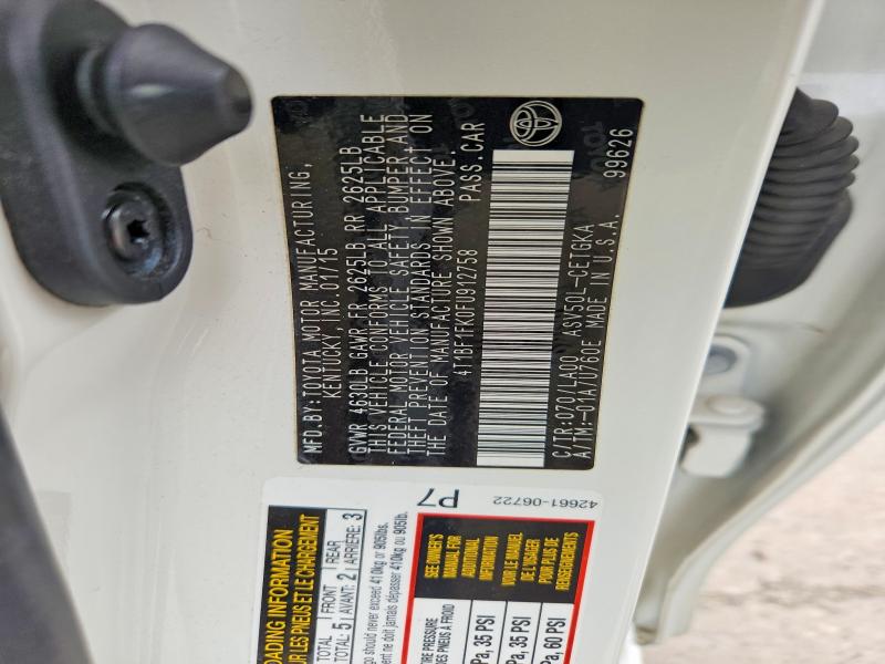 2015 Toyota Camry მანქანა იყიდება აუქციონზე, vin: 4T1BF1FK0FU912758, აუქციონის ნომერი: 54623966