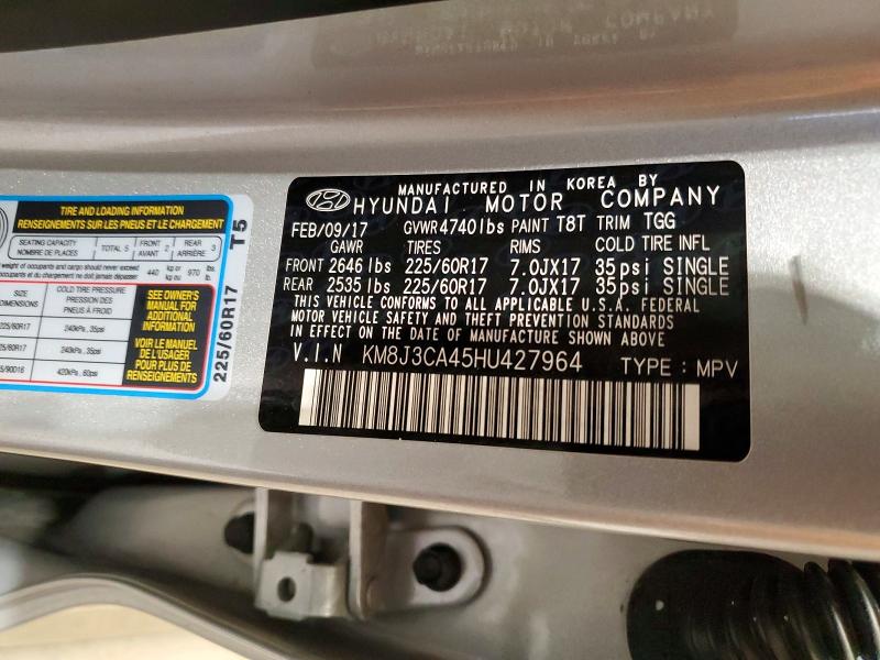53013116 :رقم المزاد ، KM8J3CA45HU427964 vin ، 2017 Hyundai Tucson مزاد بيع