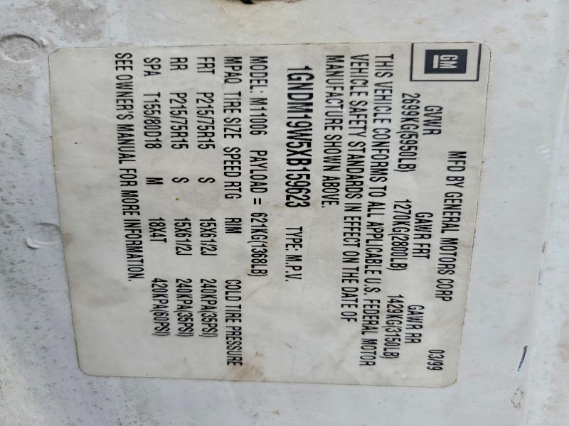 1999 Chevrolet Astro მანქანა იყიდება აუქციონზე, vin: 1GNDM19W5XB159623, აუქციონის ნომერი: 55125756