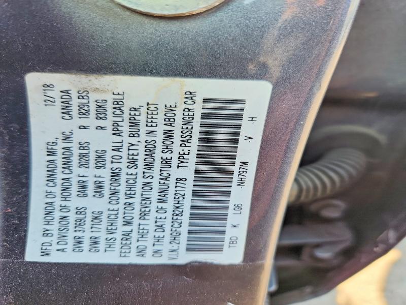 53984306 :رقم المزاد ، 2HGFC2F82KH521778 vin ، 2019 Honda Civic مزاد بيع