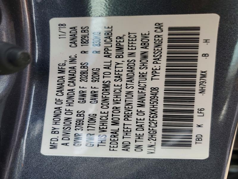 2019 Honda Civic მანქანა იყიდება აუქციონზე, vin: 2HGFC2F6XKH509408, აუქციონის ნომერი: 53637206