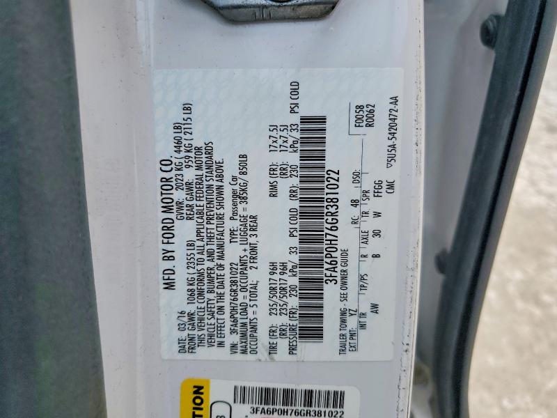 Aukcja sprzedaży 2016 Ford Fusion, vin: 3FA6P0H76GR381022, numer aukcji: 52190066