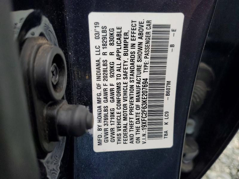 52553466 :رقم المزاد ، 19XFC2F63KE207694 vin ، 2019 Honda Civic مزاد بيع