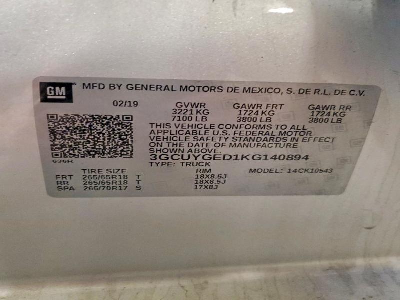 Продажа на аукционе авто 2019 Chevrolet Silverado, vin: 3GCUYGED1KG140894, номер лота: 53448586