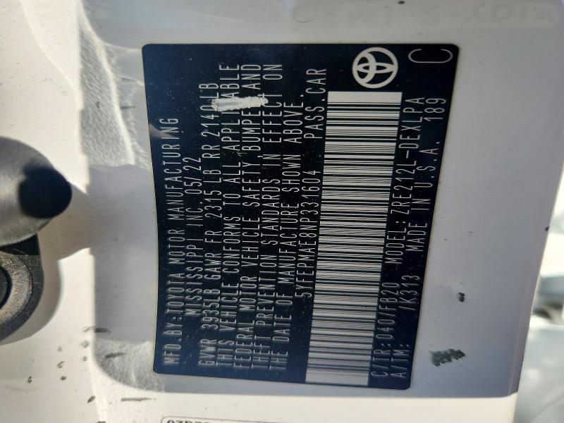 53620876 :رقم المزاد ، 5YFEPMAE8NP331604 vin ، 2022 Toyota Corolla مزاد بيع