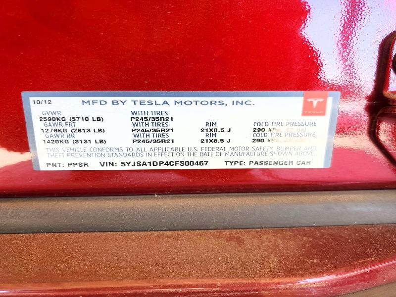 2012 Tesla Model S მანქანა იყიდება აუქციონზე, vin: 5YJSA1DP4CFS00467, აუქციონის ნომერი: 51828846
