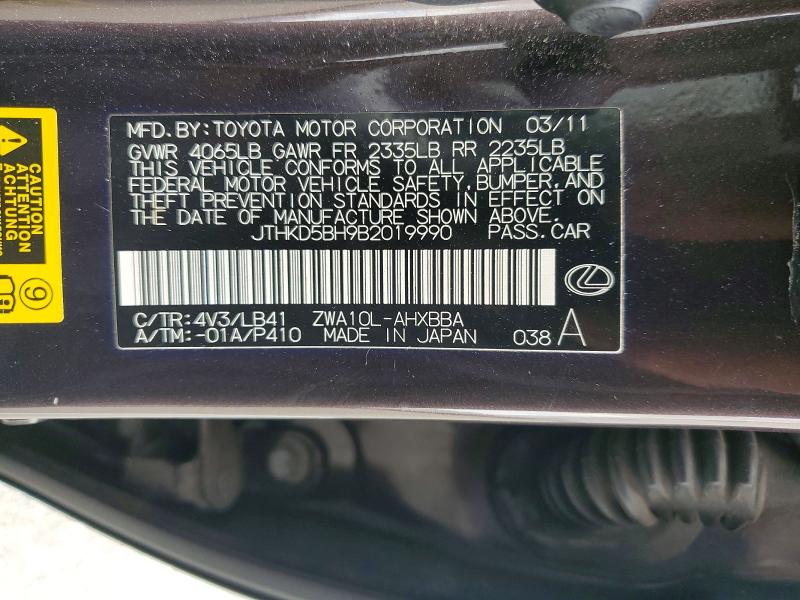52266896 :رقم المزاد ، JTHKD5BH9B2019990 vin ، 2011 Lexus Ct مزاد بيع