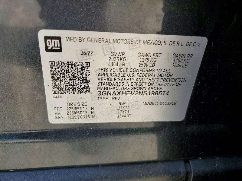 Auction sale of the 2022 Chevrolet Equinox, vin: 3GNAXHEV2NS198574, lot number: 54693286