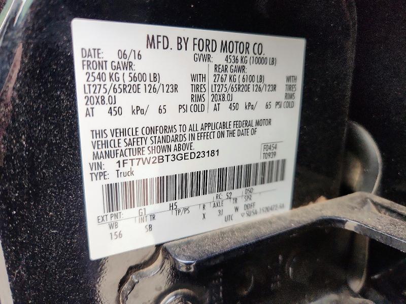 54289256 :رقم المزاد ، 1FT7W2BT3GED23181 vin ، 2016 Ford F250 مزاد بيع