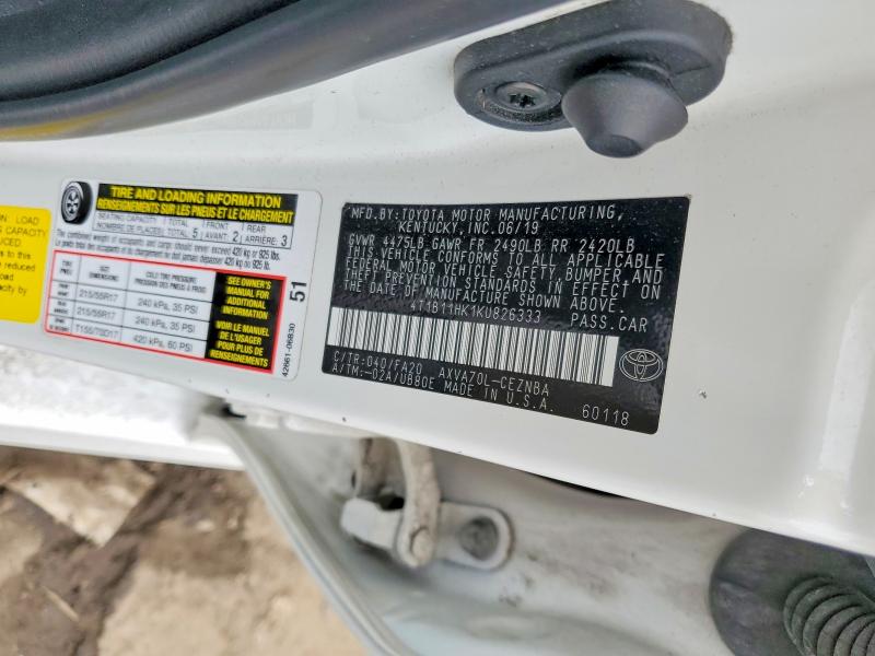 Продаж на аукціоні авто 2019 Toyota Camry, vin: 4T1B11HK1KU826333, номер лоту: 50219826