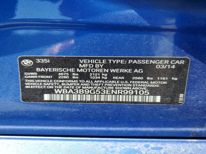 2014 Bmw 335 მანქანა იყიდება აუქციონზე, vin: WBA3B9G53ENR99105, აუქციონის ნომერი: 52333556
