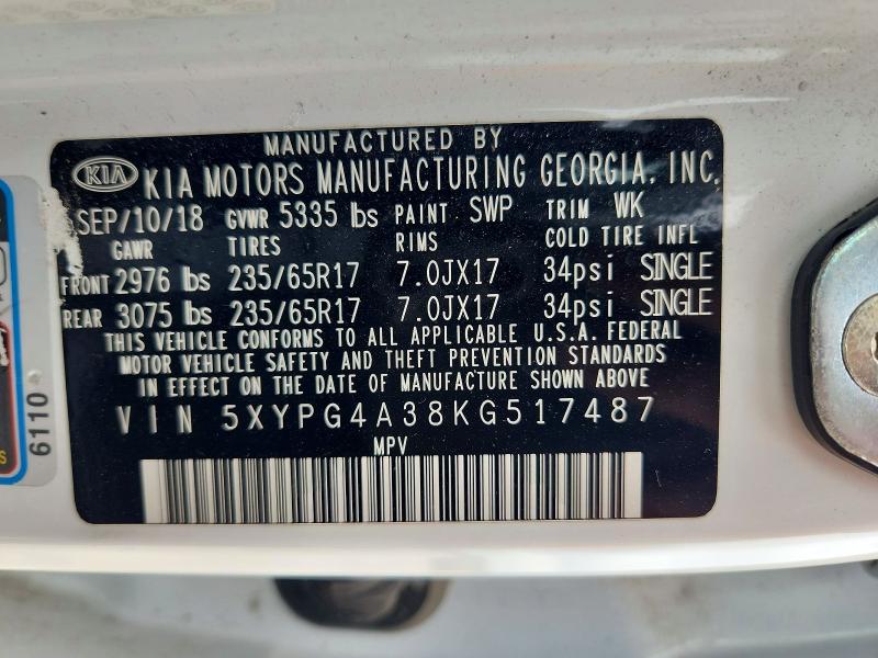 2019 Kia Sorento მანქანა იყიდება აუქციონზე, vin: 5XYPG4A38KG517487, აუქციონის ნომერი: 53920106