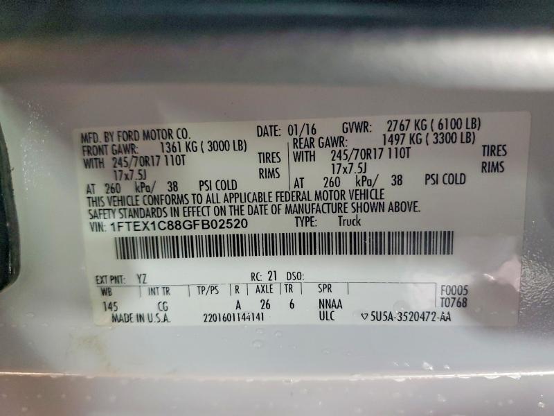 Aukcja sprzedaży 2016 Ford F150, vin: 1FTEX1C88GFB02520, numer aukcji: 52027706