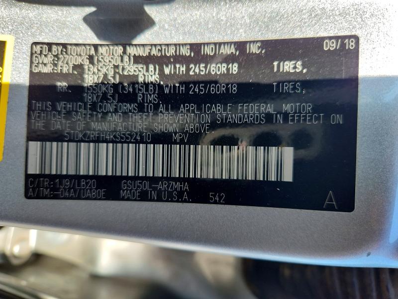 2019 Toyota Highlander მანქანა იყიდება აუქციონზე, vin: 5TDKZRFH4KS552410, აუქციონის ნომერი: 52474656