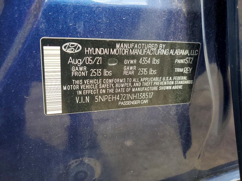 2022 Hyundai Sonata მანქანა იყიდება აუქციონზე, vin: 5NPEH4J21NH138517, აუქციონის ნომერი: 54248766