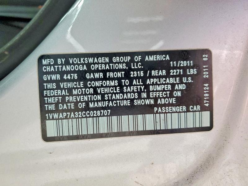 52165246 :رقم المزاد ، 1VWAP7A32CC028707 vin ، 2012 Volkswagen Passat مزاد بيع