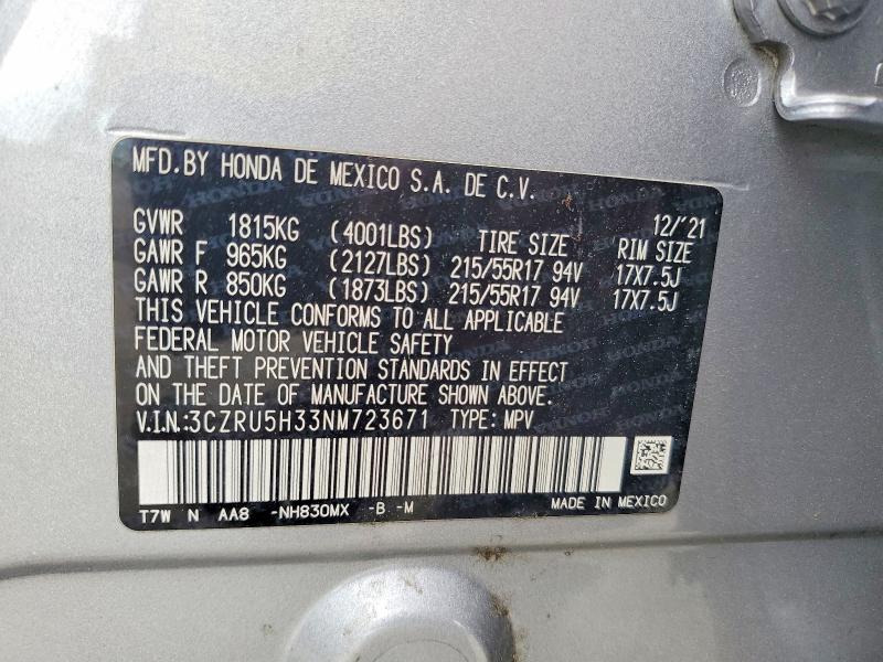 Продажа на аукционе авто 2022 Honda Hr-v, vin: 3CZRU5H33NM723671, номер лота: 54802606