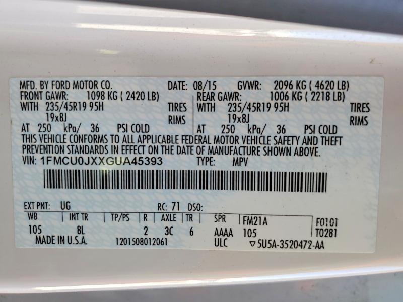 Aukcja sprzedaży 2016 Ford Escape, vin: 1FMCU0JXXGUA45393, numer aukcji: 54170376
