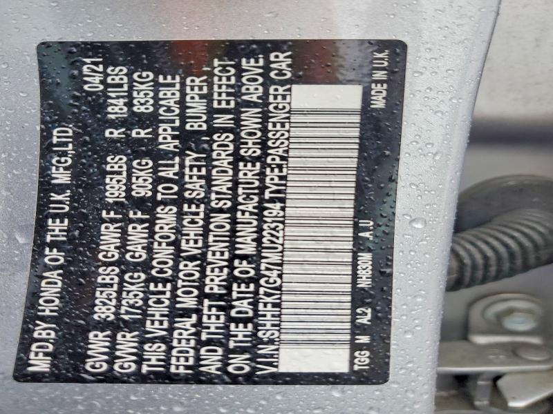 Aukcja sprzedaży 2021 Honda Civic, vin: SHHFK7G47MU223194, numer aukcji: 54020636