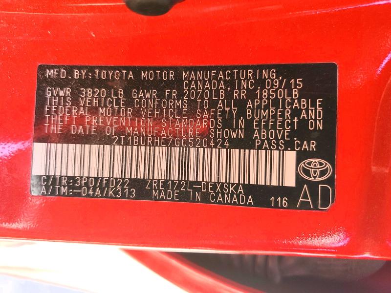 55365636 :رقم المزاد ، 2T1BURHE7GC520424 vin ، 2016 Toyota Corolla مزاد بيع