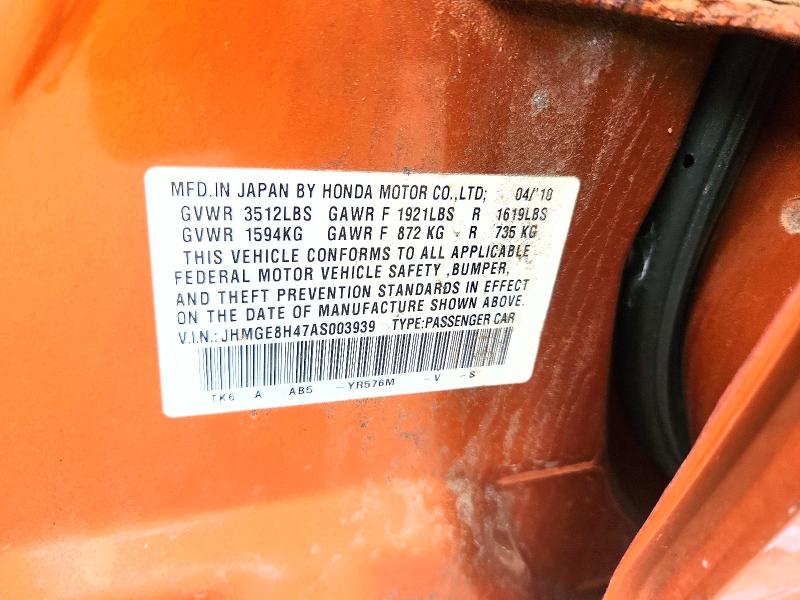 54501506 :رقم المزاد ، JHMGE8H47AS003939 vin ، 2010 Honda Fit مزاد بيع