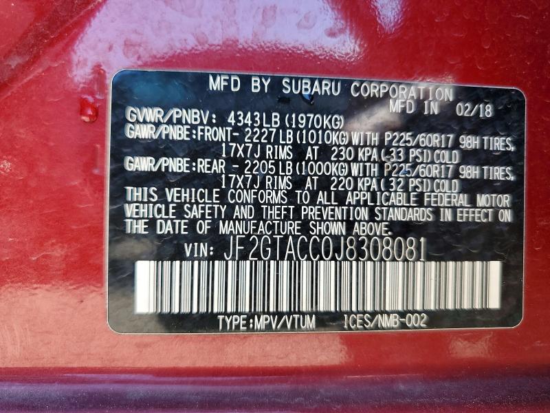 Aukcja sprzedaży 2018 Subaru Crosstrek, vin: JF2GTACC0J8308081, numer aukcji: 52034626