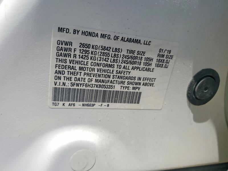 Продажа на аукционе авто 2019 Honda Pilot, vin: 5FNYF6H37KB053351, номер лота: 53837406