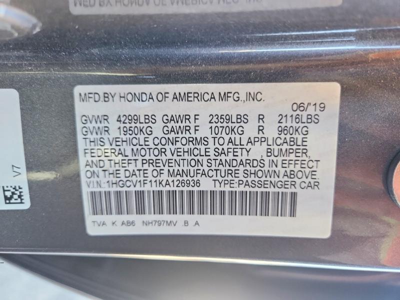 Продаж на аукціоні авто 2019 Honda Accord, vin: 1HGCV1F11KA126936, номер лоту: 53830236