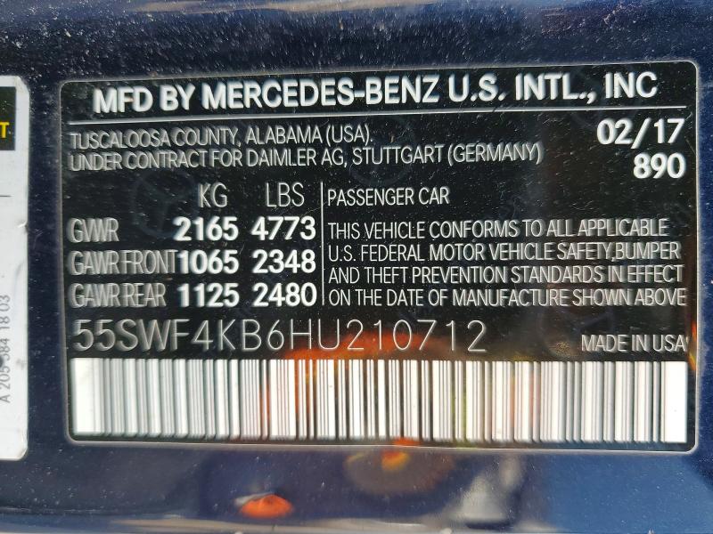 53240426 :رقم المزاد ، 55SWF4KB6HU210712 vin ، 2017 Mercedes-benz C مزاد بيع