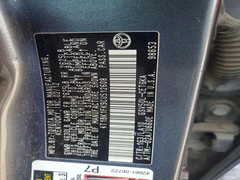 52986516 :رقم المزاد ، 4T1BK1FK9CU512608 vin ، 2012 Toyota Camry مزاد بيع