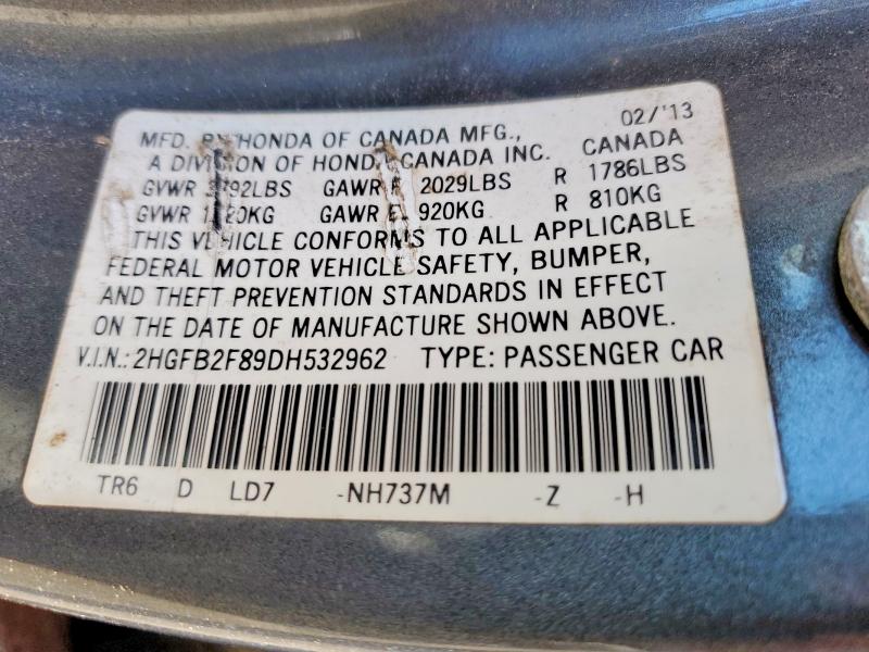 2013 Honda Civic მანქანა იყიდება აუქციონზე, vin: 2HGFB2F89DH532962, აუქციონის ნომერი: 51080056