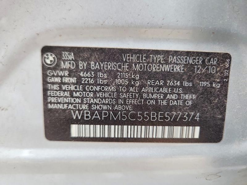 2011 Bmw 335 მანქანა იყიდება აუქციონზე, vin: WBAPM5C55BE577374, აუქციონის ნომერი: 53138126