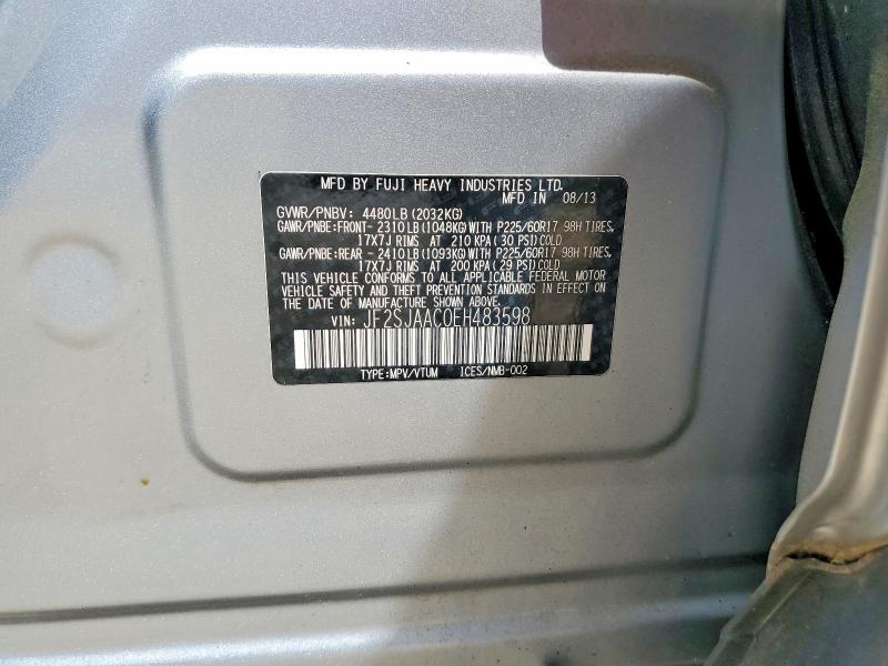 2014 Subaru Forester მანქანა იყიდება აუქციონზე, vin: JF2SJAAC0EH483598, აუქციონის ნომერი: 54431566
