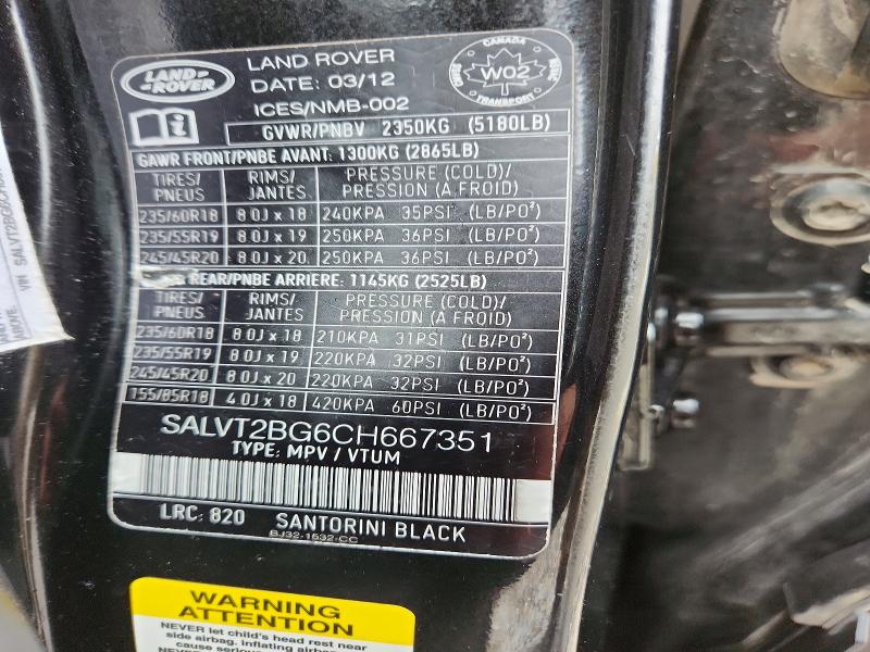 52513436 :رقم المزاد ، SALVT2BG6CH667351 vin ، 2012 Land Rover Range Rover Evoque مزاد بيع