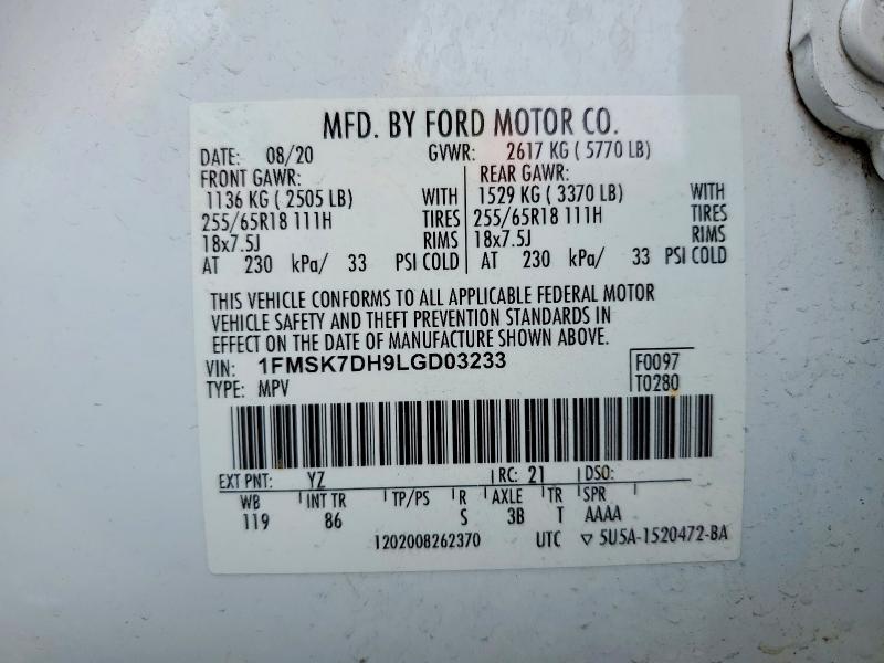 Aukcja sprzedaży 2020 Ford Explorer, vin: 1FMSK7DH9LGD03233, numer aukcji: 54400406