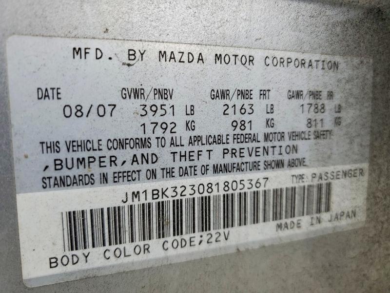 Auction sale of the 2008 Mazda 3, vin: JM1BK323081805367, lot number: 54275526