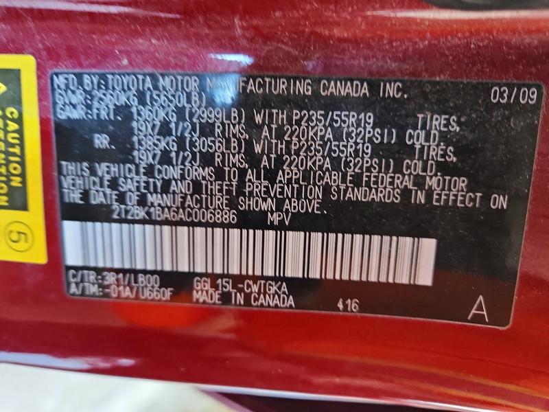 Aukcja sprzedaży 2010 Lexus Rx, vin: 2T2BK1BA6AC006886, numer aukcji: 52821276