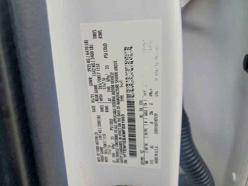 2021 Ford F150 მანქანა იყიდება აუქციონზე, vin: 1FTEW1EBXMFB81003, აუქციონის ნომერი: 52290056