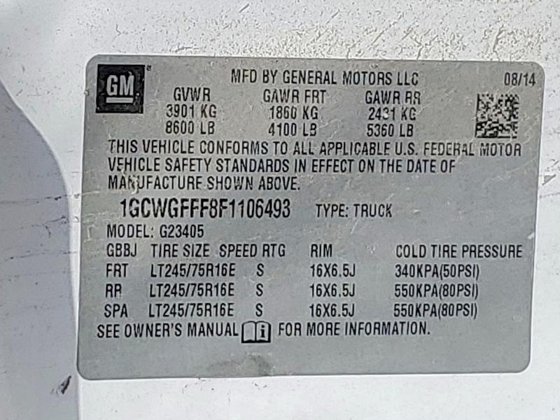53910946 :رقم المزاد ، 1GCWGFFF8F1106493 vin ، 2015 Chevrolet Express 2500 مزاد بيع