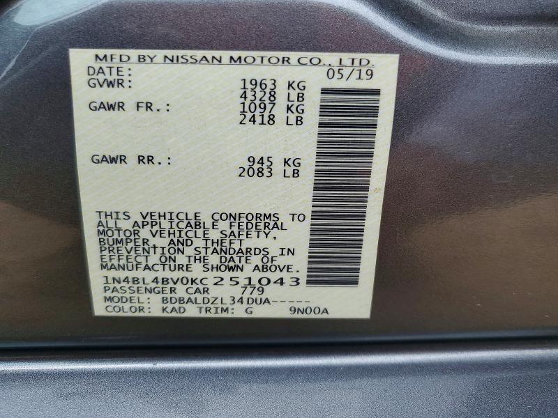 Продажа на аукционе авто 2019 Nissan Altima, vin: 1N4BL4BV0KC251043, номер лота: 53330696