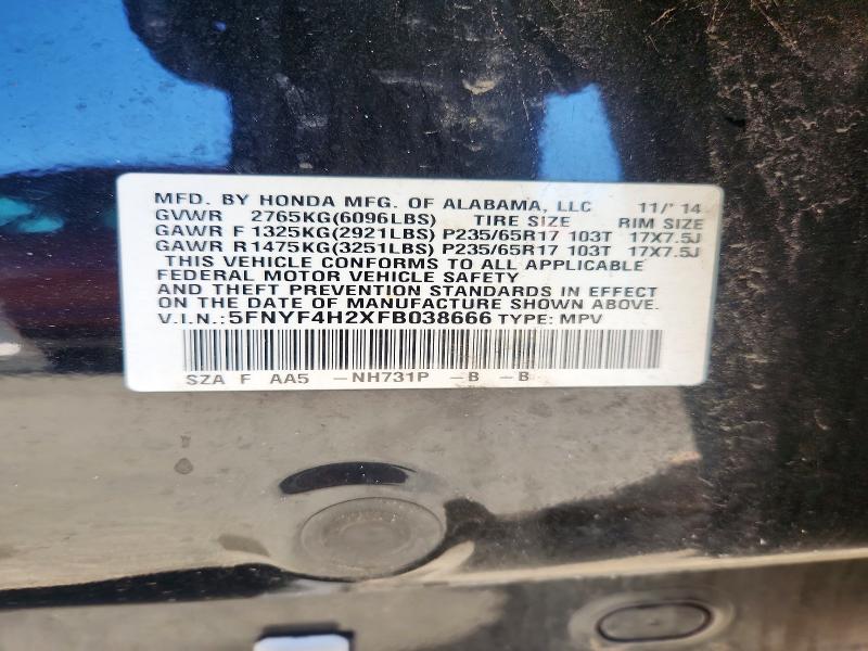 51836226 :رقم المزاد ، 5FNYF4H2XFB038666 vin ، 2015 Honda Pilot مزاد بيع