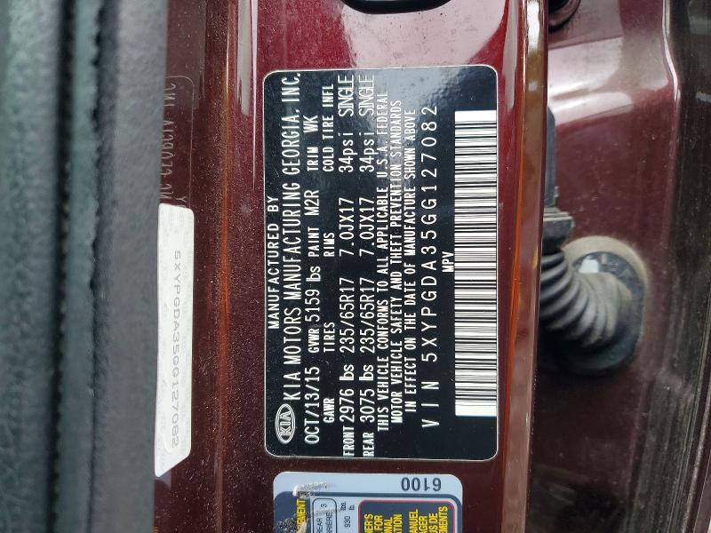 55014196 :رقم المزاد ، 5XYPGDA35GG127082 vin ، 2016 Kia Sorento مزاد بيع