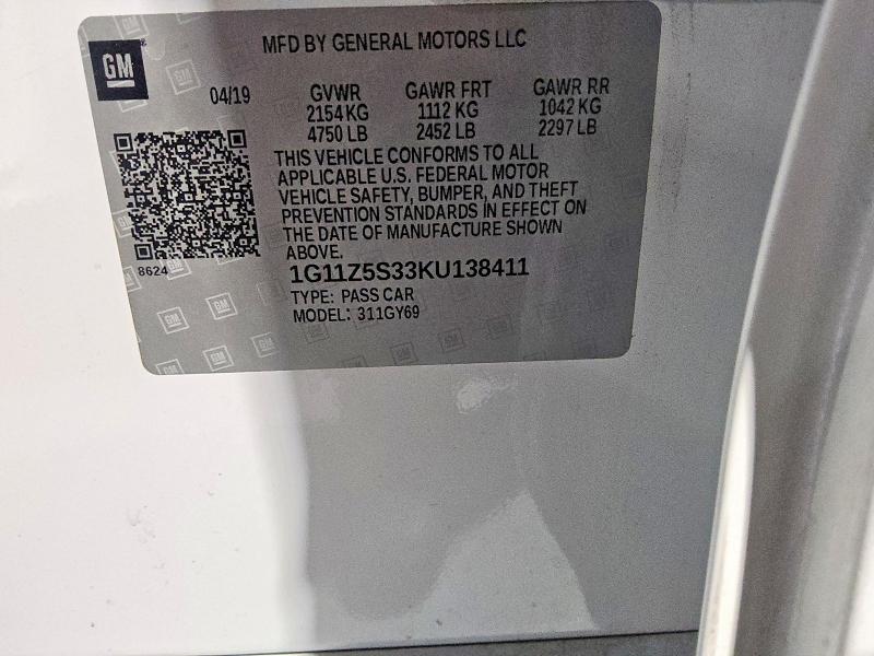 2019 Chevrolet Impala მანქანა იყიდება აუქციონზე, vin: 1G11Z5S33KU138411, აუქციონის ნომერი: 52474076
