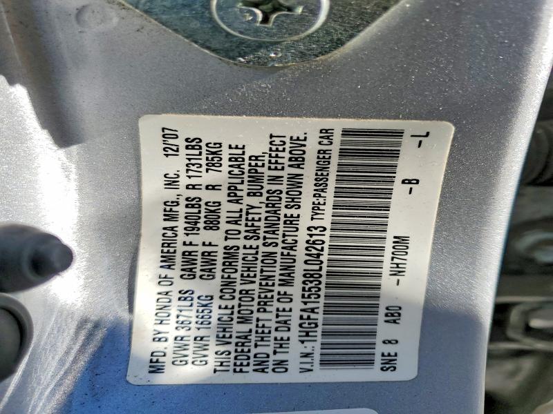 53965376 :رقم المزاد ، 1HGFA15538L042613 vin ، 2008 Honda Civic مزاد بيع