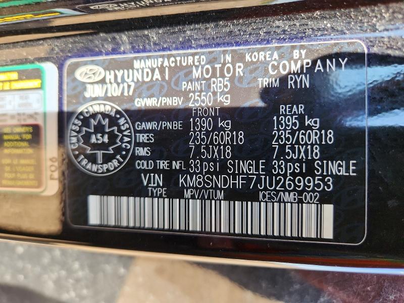Продаж на аукціоні авто 2018 Hyundai Santa Fe, vin: KM8SNDHF7JU269953, номер лоту: 54547496