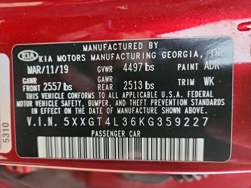 54433656 :رقم المزاد ، 5XXGT4L36KG359227 vin ، 2019 Kia Optima مزاد بيع